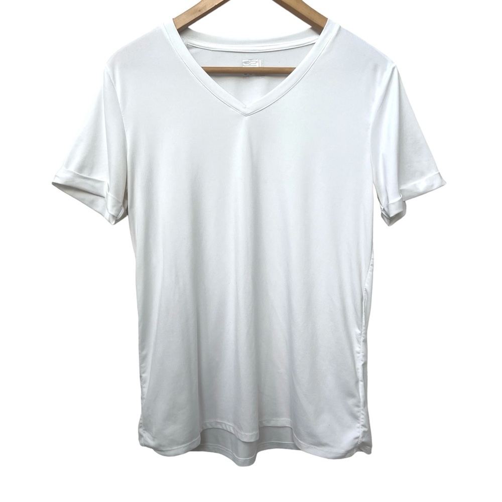 32 Degrees Tee Shirt Women Small White V-Neck Short Sleeve Cuffed Basic Top